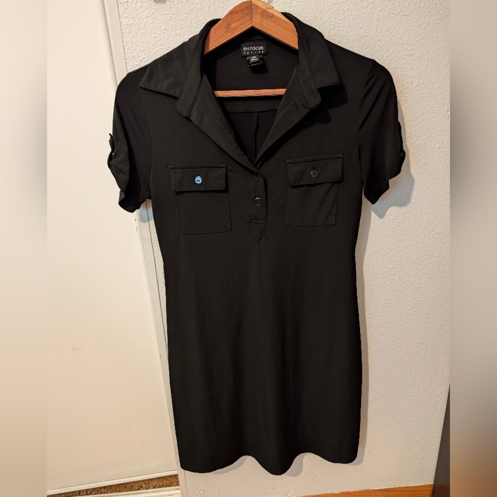 En Focus Studio Black Collared Black Button Polo Dress
